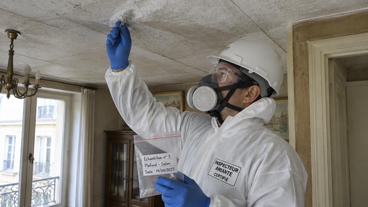 Inspecteur amiante prélevant un échantillon sur un plafond ancien à Saint-Germain-au-Mont-d'Or