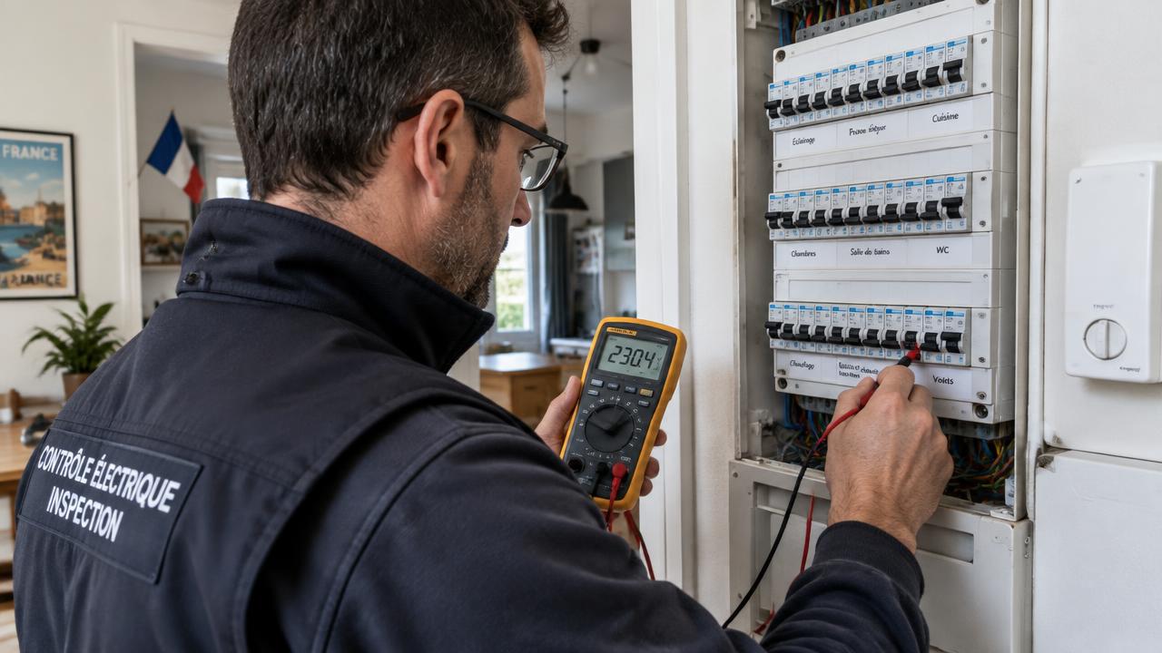 Diagnostiqueur contrôlant un tableau électrique avec un multimètre à Fauconcourt